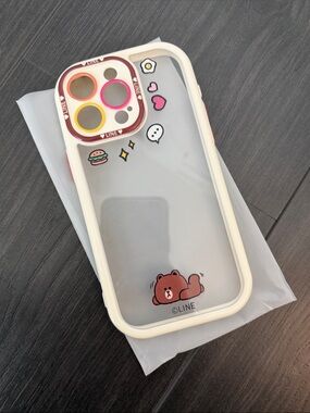 iPhone 15 Pro Max - Line Bear Clear White Trim Phone Case with Cute Icons